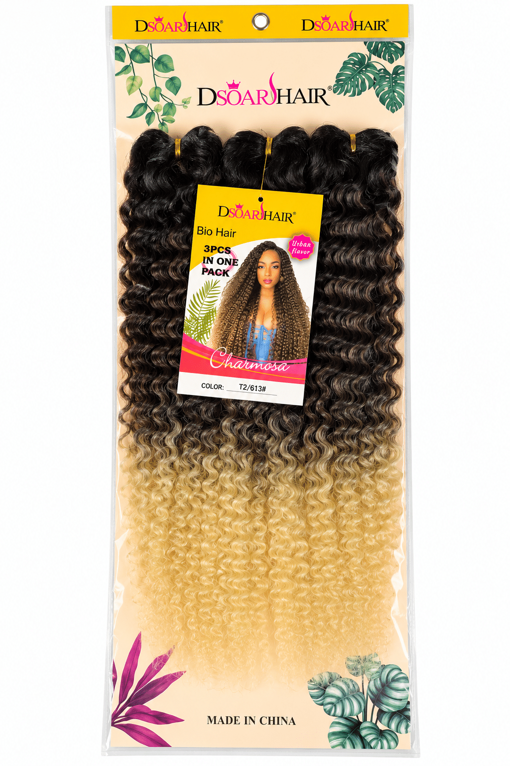 Extensiones crochet DSOARHAIR Charmosa rizadas, degradado negro a rubio claro T2/613, paquete de 3 piezas