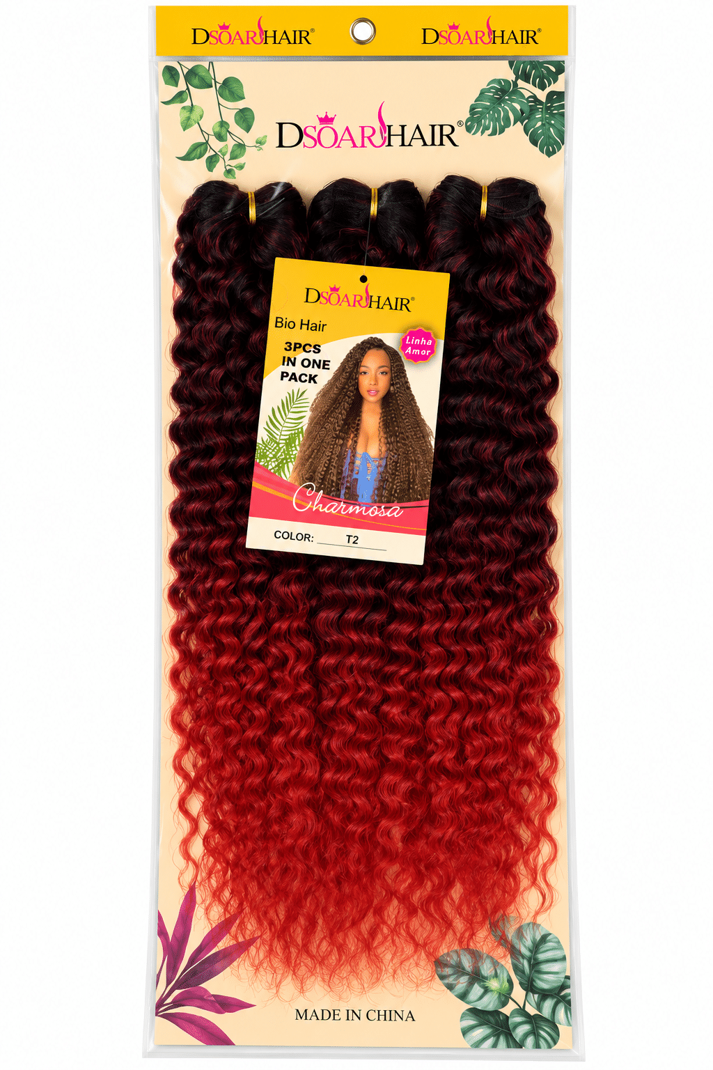 Extensiones Crochet Rizadas DSOARHAIR Charmosa – Degradado Negro a Rojo T2/BUG, (3 piezas)