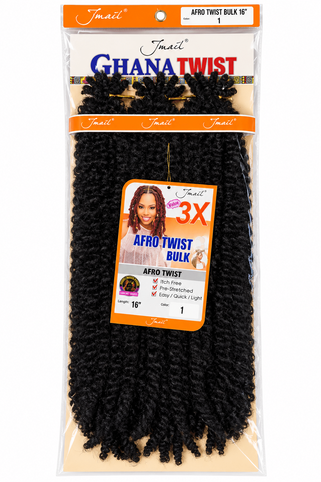 Extensión Afro Twist Ghana Twist 16” – Jmail 3X – Color 1 Negro