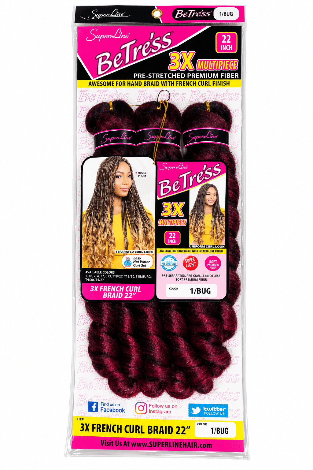 BeTress French Curl 3X – Extensiones para Trenzas 22” | Negro Borgoña 1/BUG