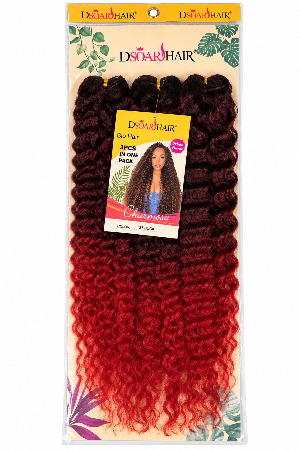 Extensiones crochet DSOARHAIR Charmosa rizadas en degradado negro a rojo borgoña, paquete de 3 piezas